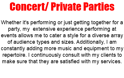 Concert/ Private Parties Whether it's performing or just getting together for a party, my extensive experience performing at events allows me to cater a style for a diverse array of audience types and sizes. Additionally, I am constantly adding more music and equipment to my repertoire. I continuously consult with my clients to make sure that they are satisfied with my services.
